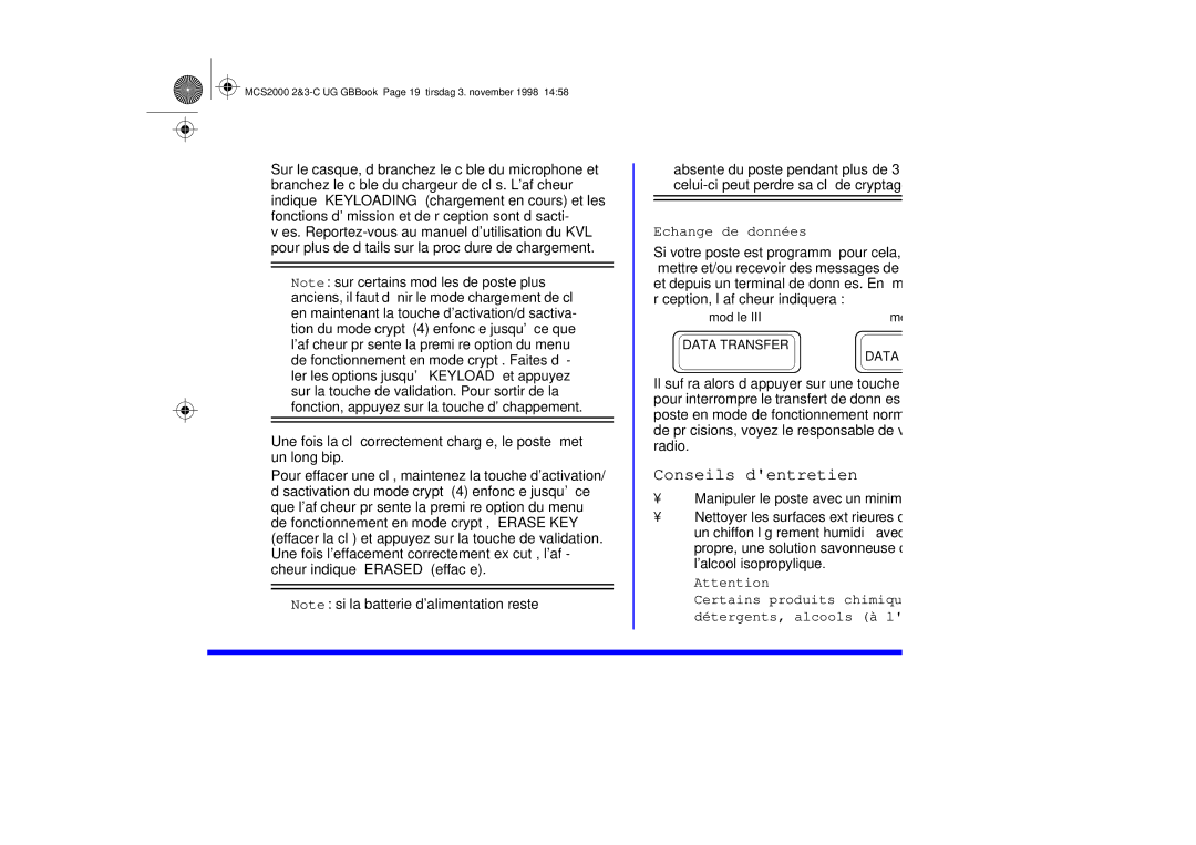 Motorola 68P81083C10-C manual Conseils dentretien, Echange de données 