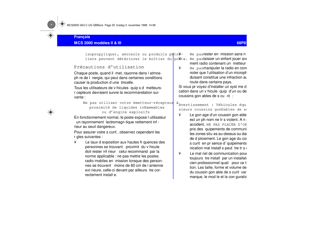 Motorola 68P81083C10-C manual Précautions dutilisation 