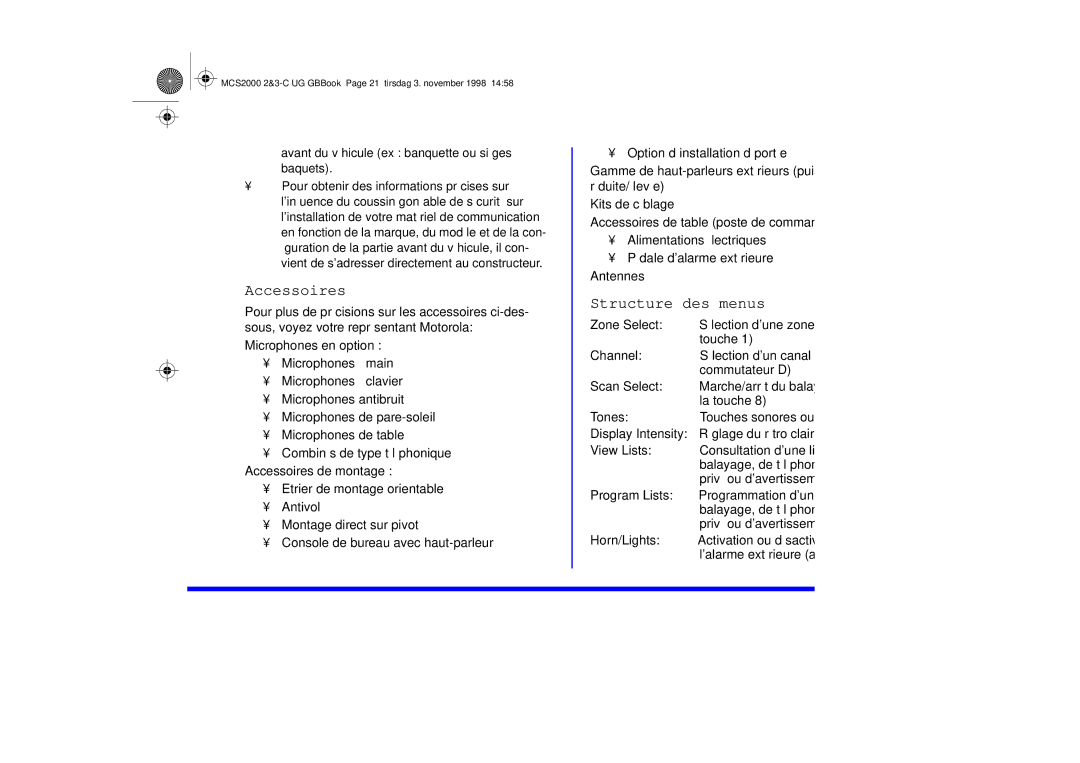 Motorola 68P81083C10-C manual Accessoires, Structure des menus 