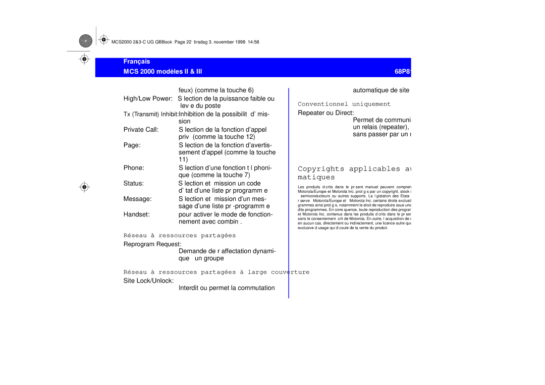 Motorola 68P81083C10-C manual Copyrights applicables aux logiciels infor- matiques, Réseau à ressources partagées 