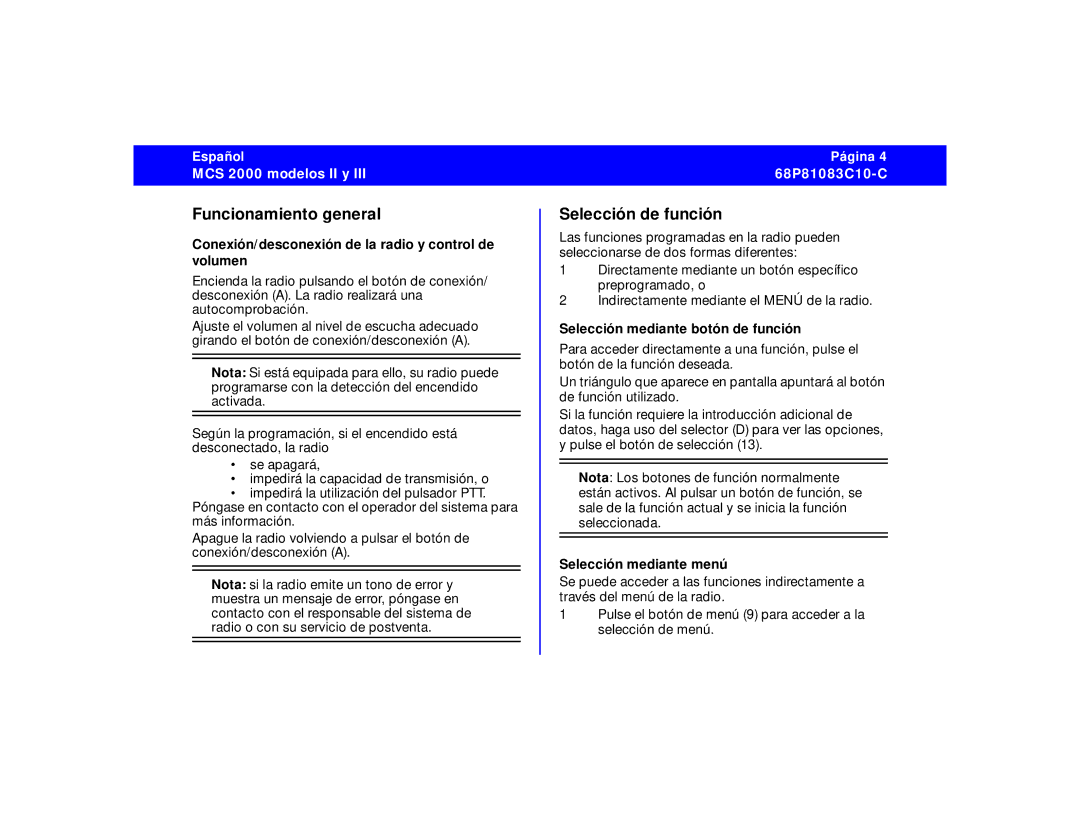 Motorola 68P81083C10-C Funcionamiento general, Selección de función, Conexión/desconexión de la radio y control de volumen 