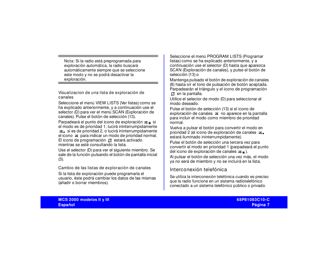 Motorola 68P81083C10-C manual Interconexión telefónica, Visualizacion de una lista de exploración de canales 