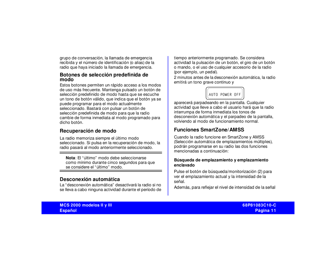 Motorola 68P81083C10-C manual Botones de selección predeﬁnida de modo, Recuperación de modo, Desconexión automática 