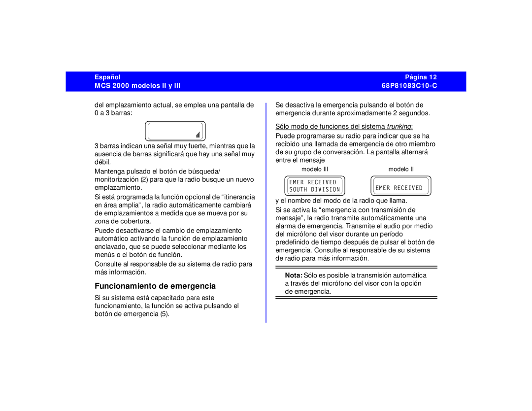 Motorola 68P81083C10-C manual Funcionamiento de emergencia 