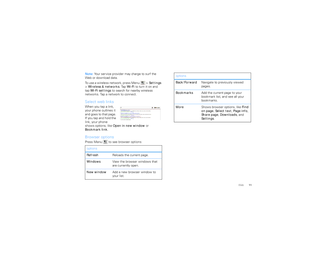 Motorola XT720, 68XXXXX437-A manual Select web links, Browser options 