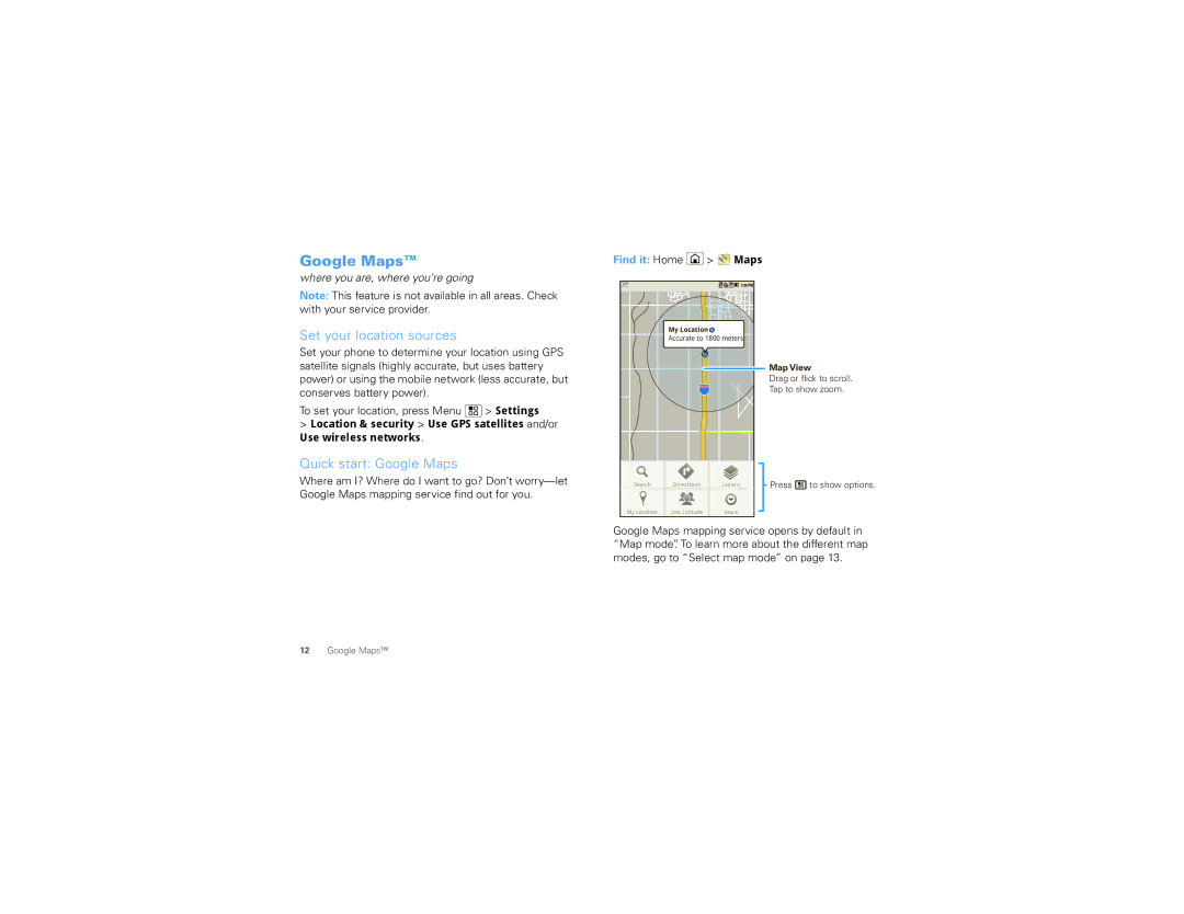 Motorola 68XXXXX437-A, XT720 manual Set your location sources, Quick start Google Maps, Find it Home Maps 