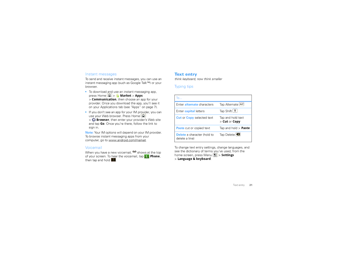 Motorola XT720, 68XXXXX437-A manual Text entry, Instant messages, Voicemail, Typing tips 