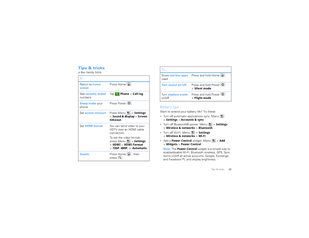 Motorola XT720, 68XXXXX437-A manual Tips & tricks, Battery tips, Search, Turn airplane mode 