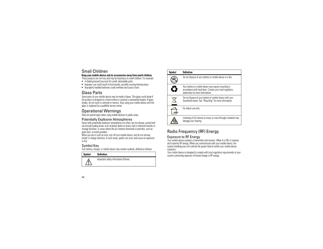 Motorola 68XXXXX437-A, XT720 manual Small Children, Glass Parts, Operational Warnings, Radio Frequency RF Energy 