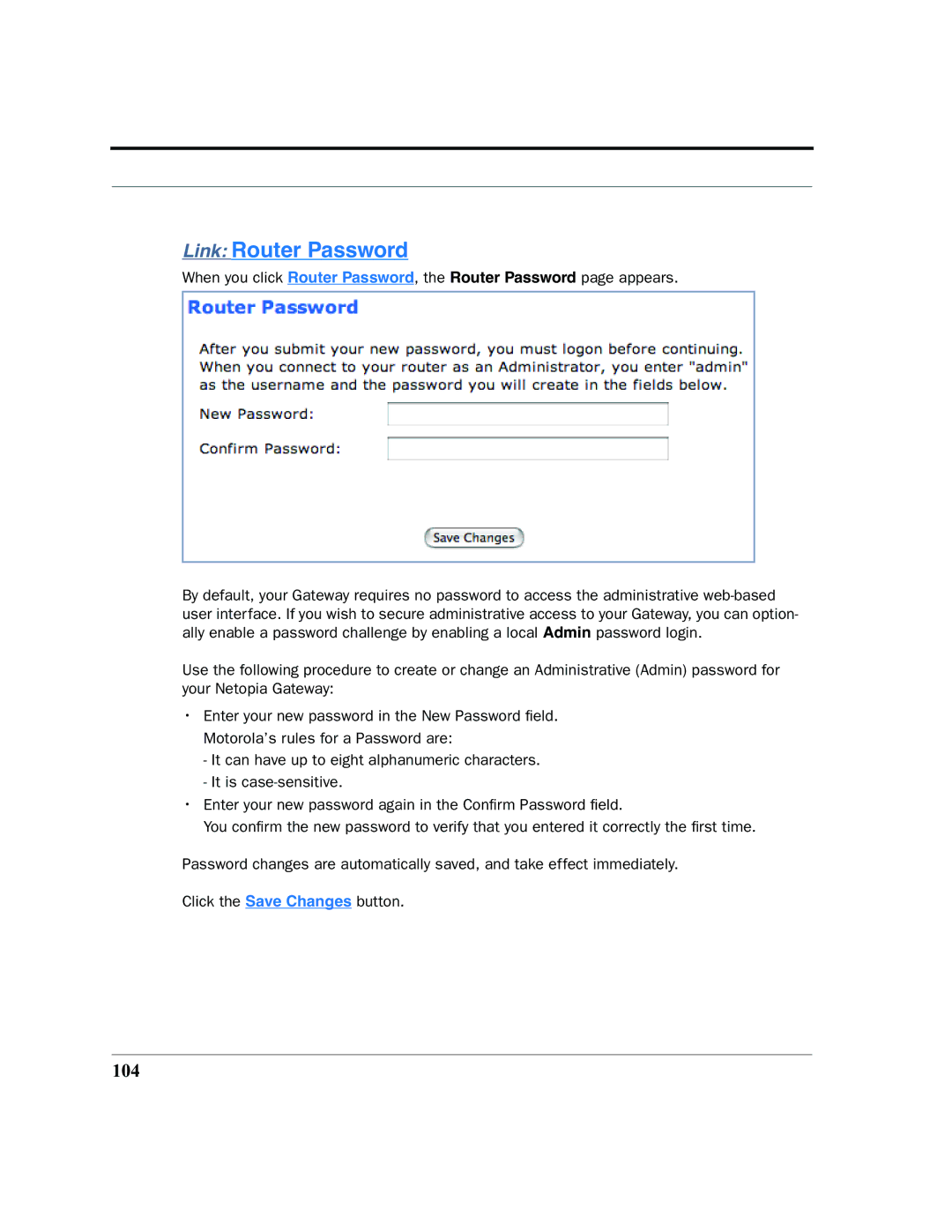 Motorola 7.7.4 manual Link Router Password, 104 