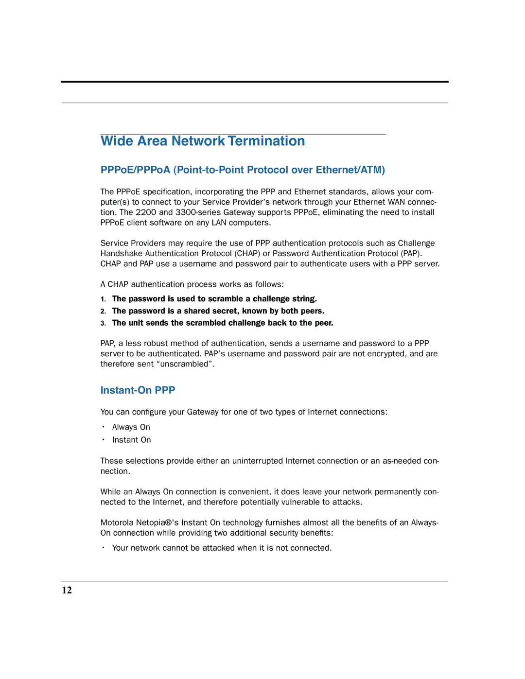 Motorola 7.7.4 manual PPPoE/PPPoA Point-to-Point Protocol over Ethernet/ATM, Instant-On PPP 