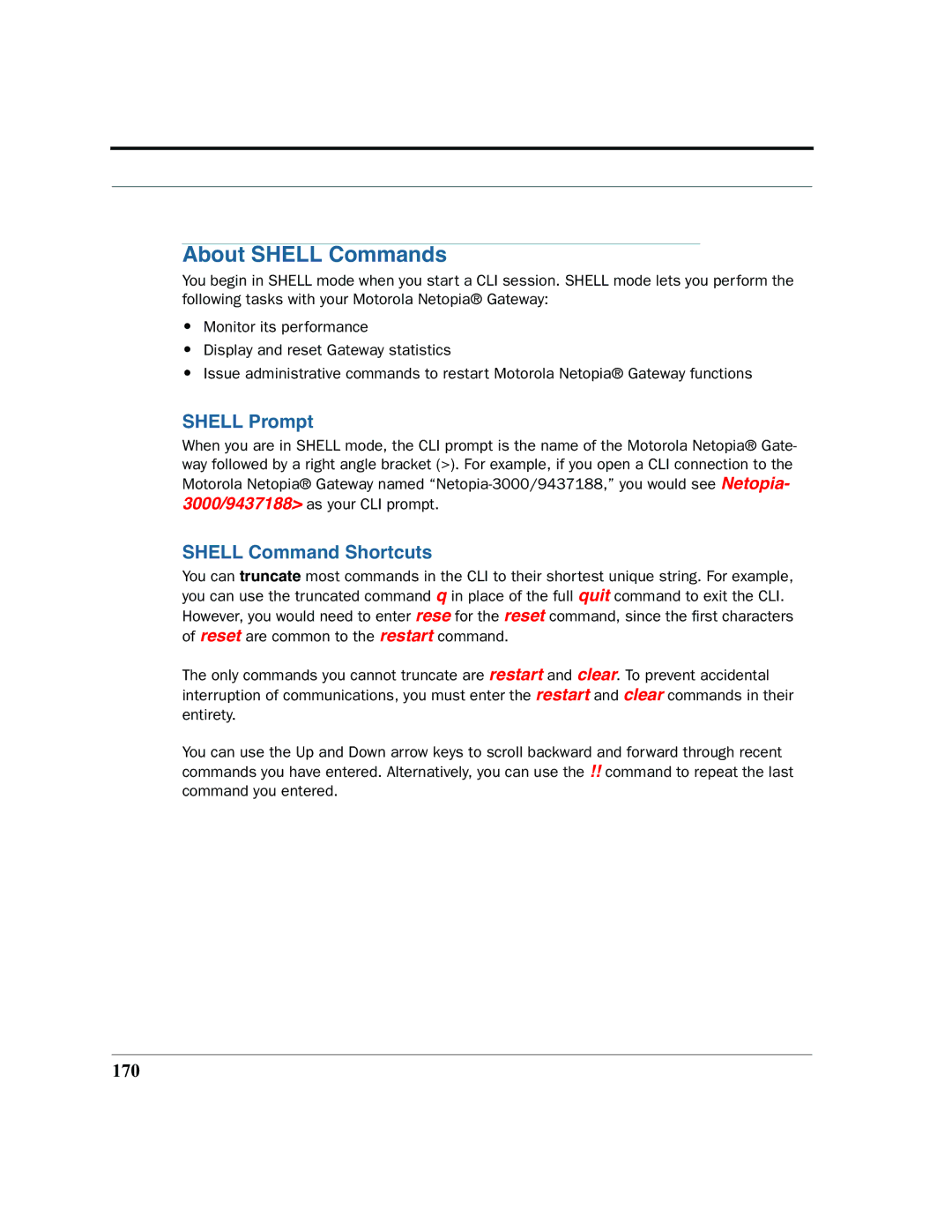 Motorola 7.7.4 manual Shell Prompt, Shell Command Shortcuts, 170 