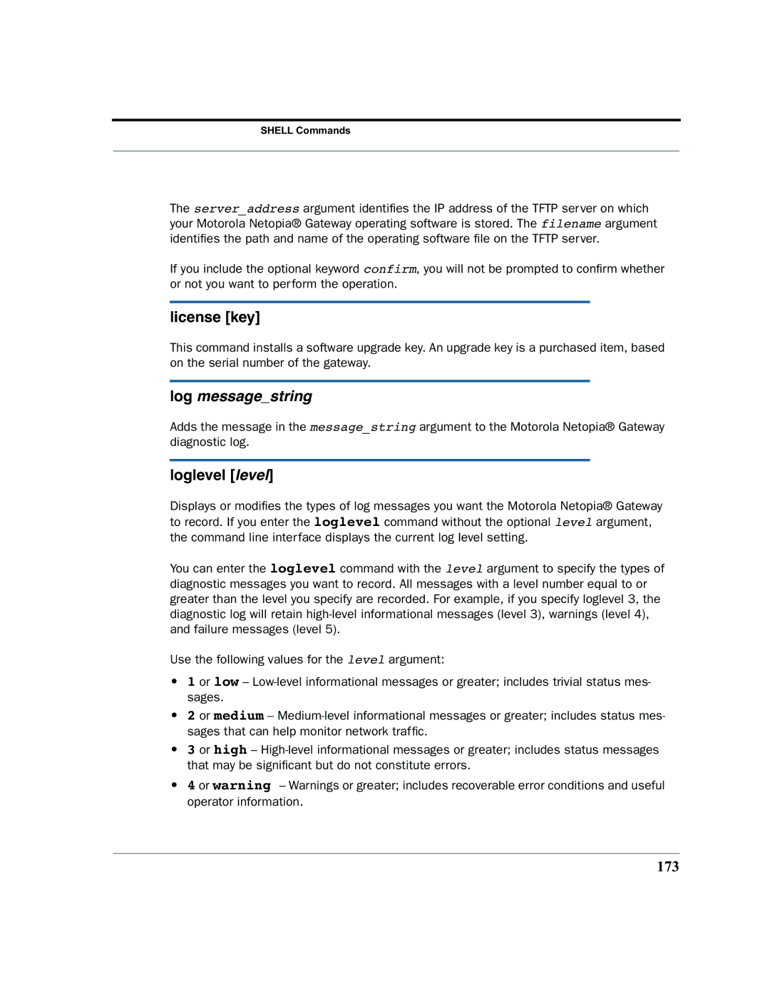 Motorola 7.7.4 manual License key, Loglevel level, 173 