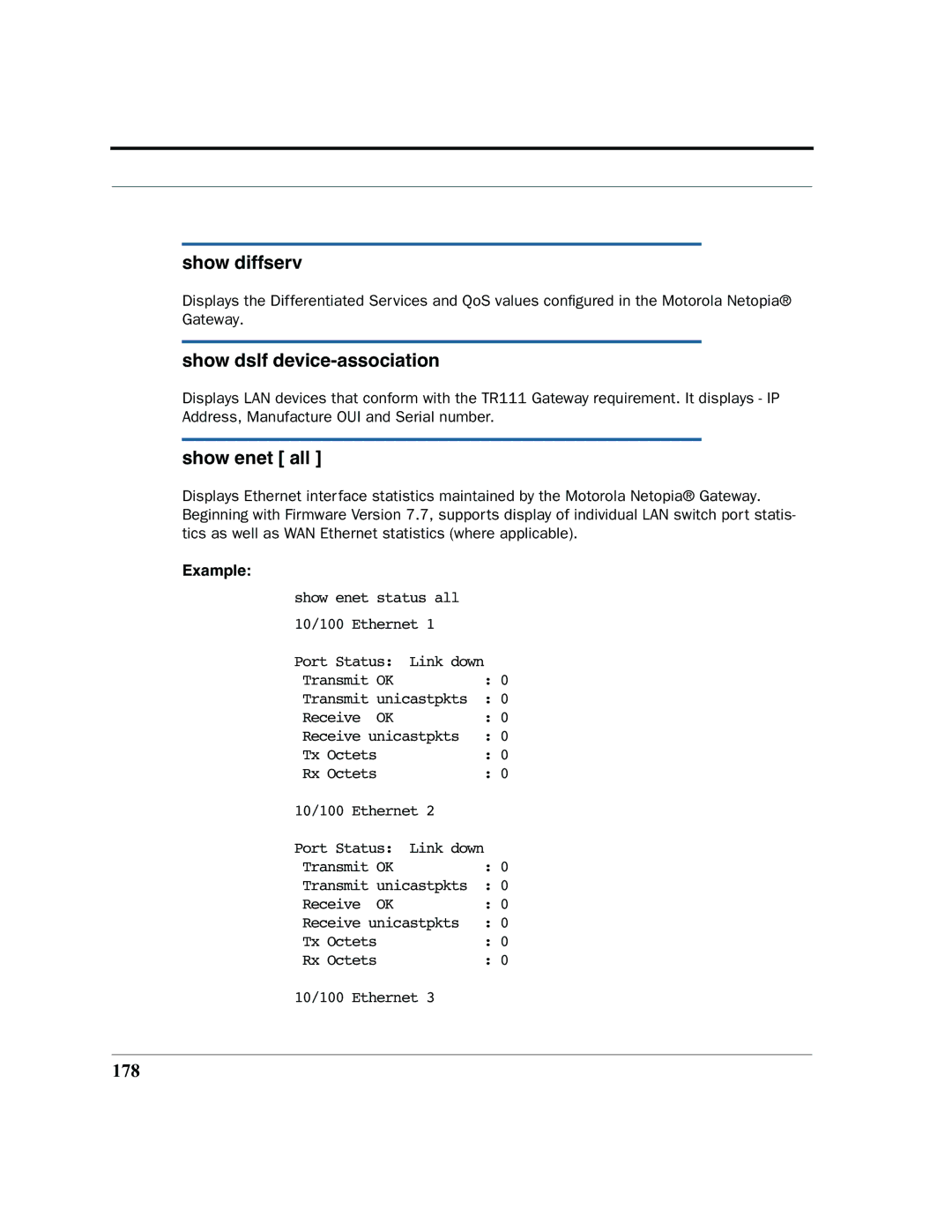 Motorola 7.7.4 manual Show diffserv, Show dslf device-association, Show enet all, 178 