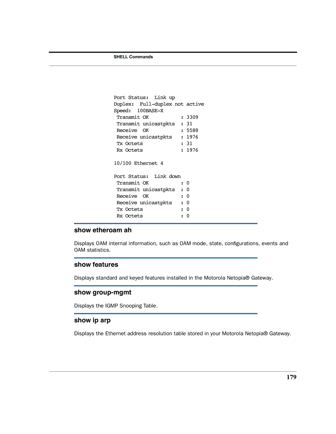 Motorola 7.7.4 manual Show etheroam ah, Show features, Show group-mgmt, Show ip arp, 179 