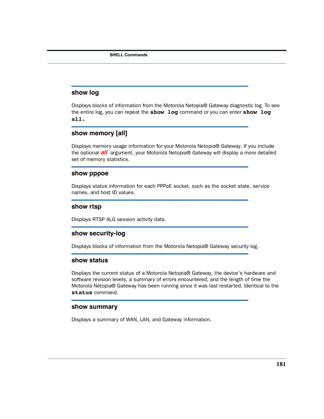 Motorola 7.7.4 manual Show log, Show memory all, Show pppoe, Show rtsp, Show security-log, Show status, Show summary 