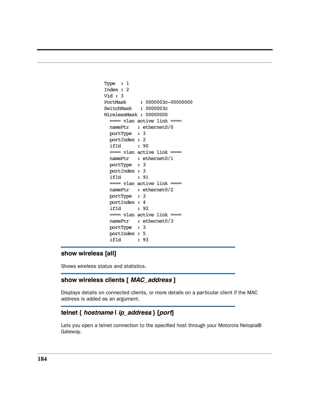 Motorola 7.7.4 manual Show wireless all, Show wireless clients MACaddress, 184 