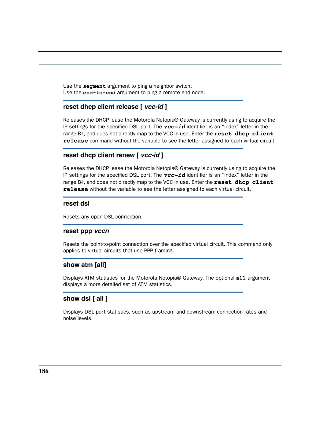 Motorola 7.7.4 Reset dhcp client release vcc-id, Reset dhcp client renew vcc-id, Reset dsl, Reset ppp vccn, Show atm all 