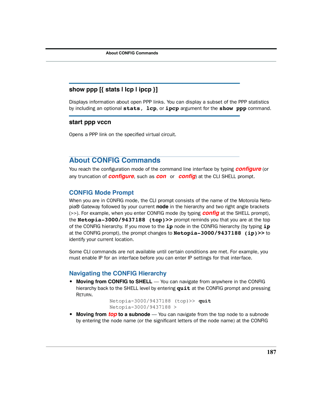 Motorola 7.7.4 manual Show ppp stats lcp ipcp, Start ppp vccn, Config Mode Prompt, Navigating the Config Hierarchy, 187 