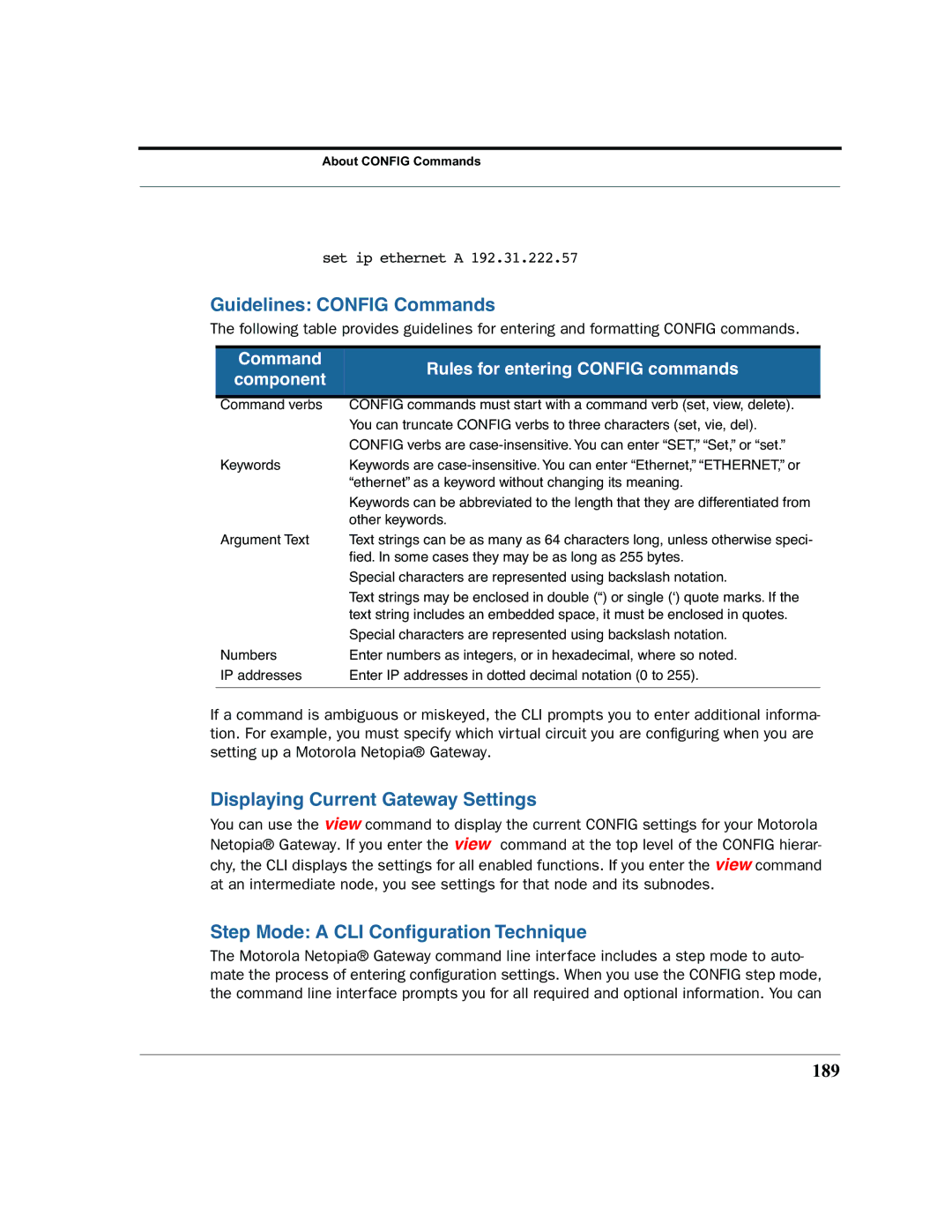 Motorola 7.7.4 Guidelines Config Commands, Displaying Current Gateway Settings, Step Mode a CLI Conﬁguration Technique 