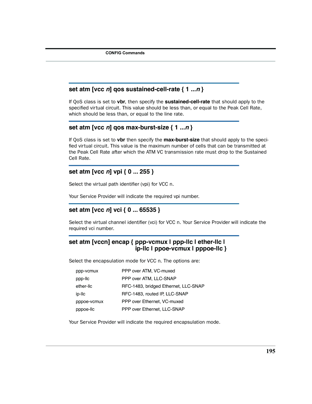 Motorola 7.7.4 Set atm vcc n qos sustained-cell-rate 1 ...n, Set atm vcc n qos max-burst-size 1 ...n, Set atm vcc n vpi 0 