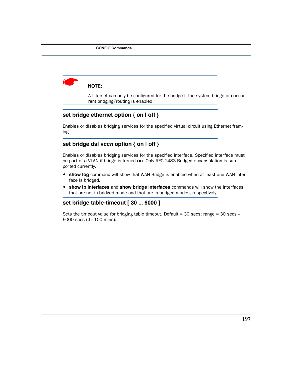 Motorola 7.7.4 Set bridge ethernet option on off, Set bridge dsl vccn option on off, Set bridge table-timeout 30, 197 