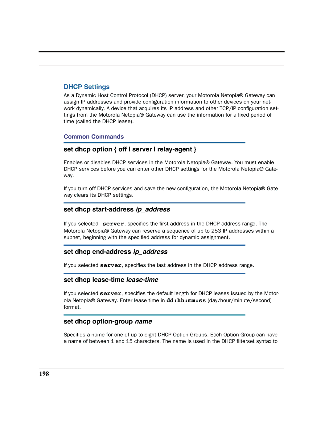 Motorola 7.7.4 manual Dhcp Settings 