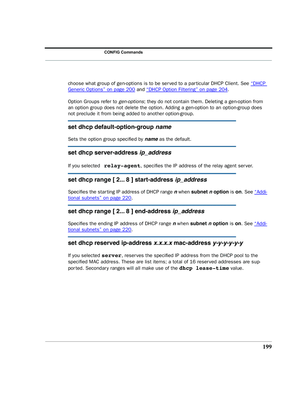 Motorola 7.7.4 manual Set dhcp default-option-group name, Set dhcp server-address ipaddress, 199 