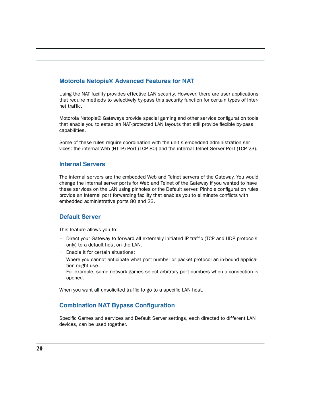 Motorola 7.7.4 manual Motorola Netopia Advanced Features for NAT, Internal Servers, Default Server 