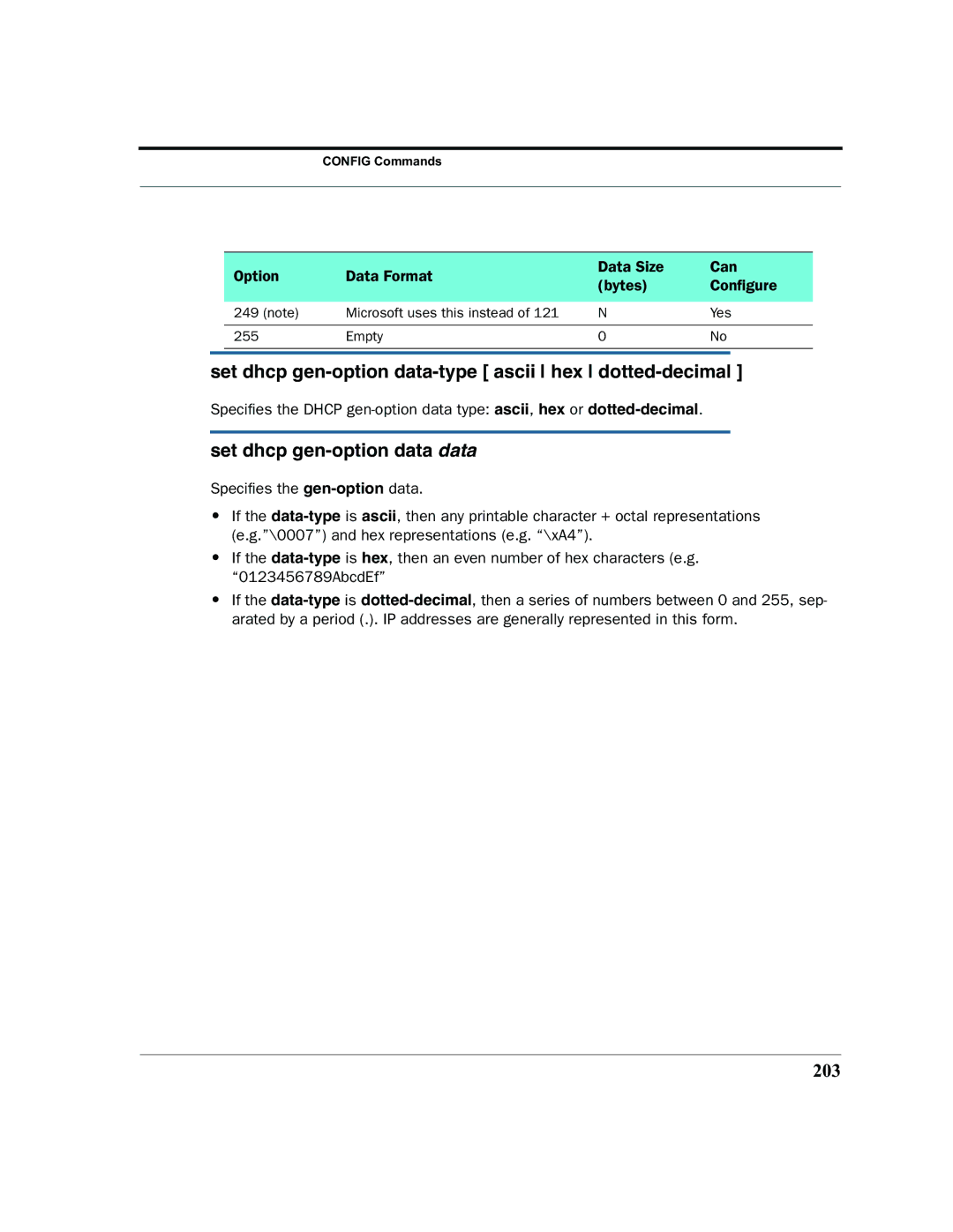 Motorola 7.7.4 manual Set dhcp gen-option data-type ascii hex dotted-decimal, Set dhcp gen-option data data, 203 