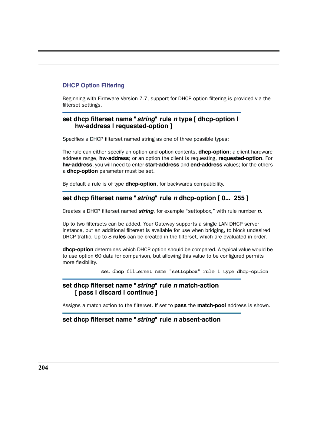 Motorola 7.7.4 Set dhcp ﬁlterset name string rule n dhcp-option 0, Set dhcp ﬁlterset name string rule n absent-action, 204 