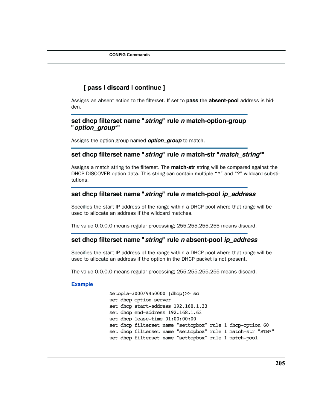 Motorola 7.7.4 manual Pass discard continue, Set dhcp ﬁlterset name string rule n match-str matchstring, 205 