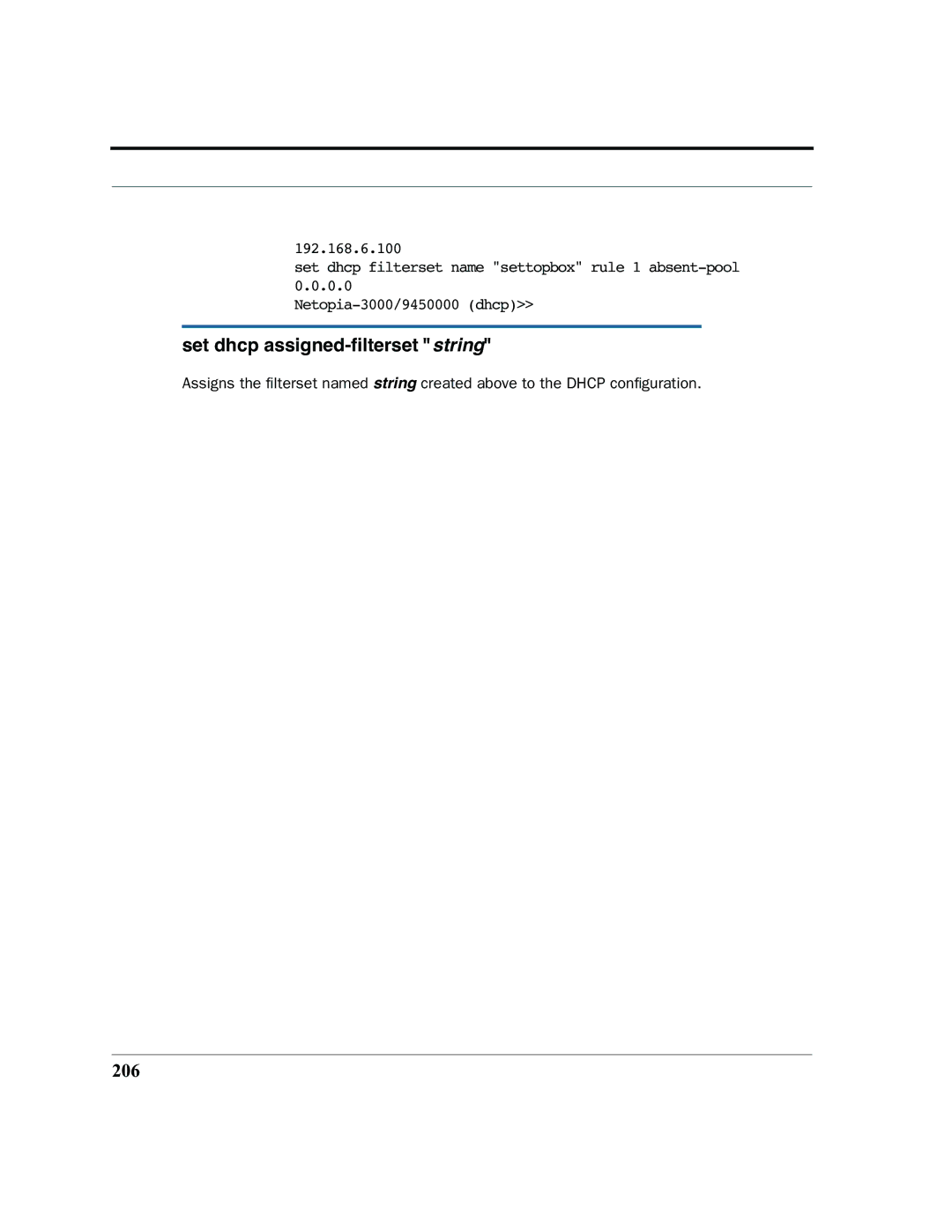 Motorola 7.7.4 manual Set dhcp assigned-ﬁlterset string, 206 