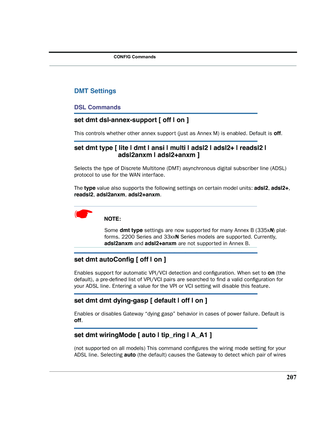 Motorola 7.7.4 manual DMT Settings, Set dmt dsl-annex-support off on, Set dmt autoConﬁg off on 