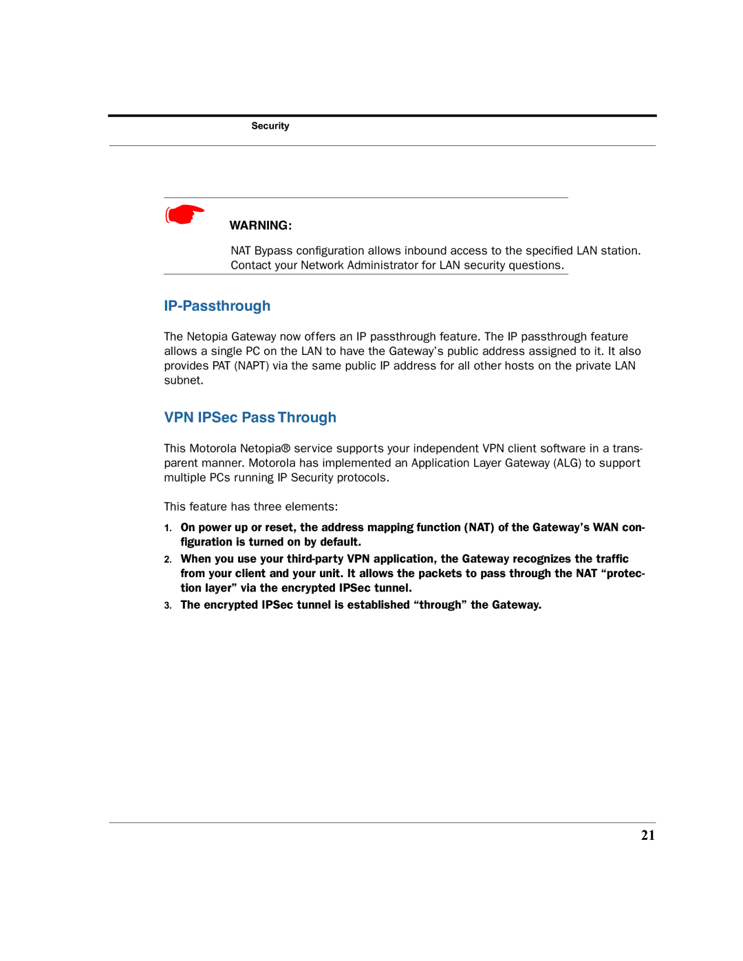 Motorola 7.7.4 manual IP-Passthrough, VPN IPSec Pass Through 