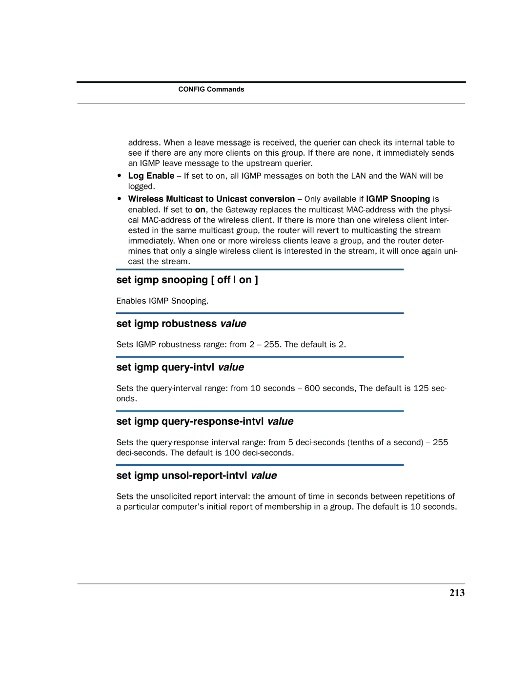 Motorola 7.7.4 manual Set igmp snooping off on, Set igmp robustness value, Set igmp query-intvl value 