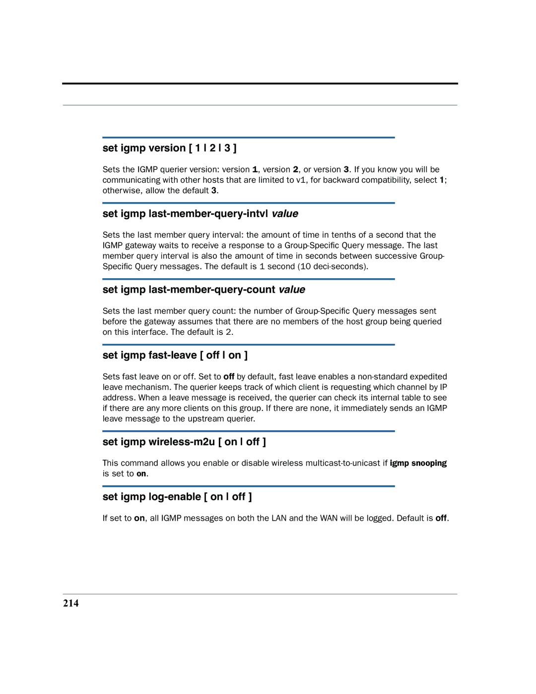 Motorola 7.7.4 manual Set igmp version 1 2, Set igmp last-member-query-intvl value, Set igmp last-member-query-count value 