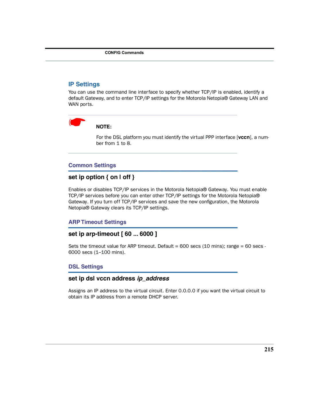 Motorola 7.7.4 manual IP Settings, Set ip option on off, Set ip arp-timeout 60, Set ip dsl vccn address ipaddress, 215 