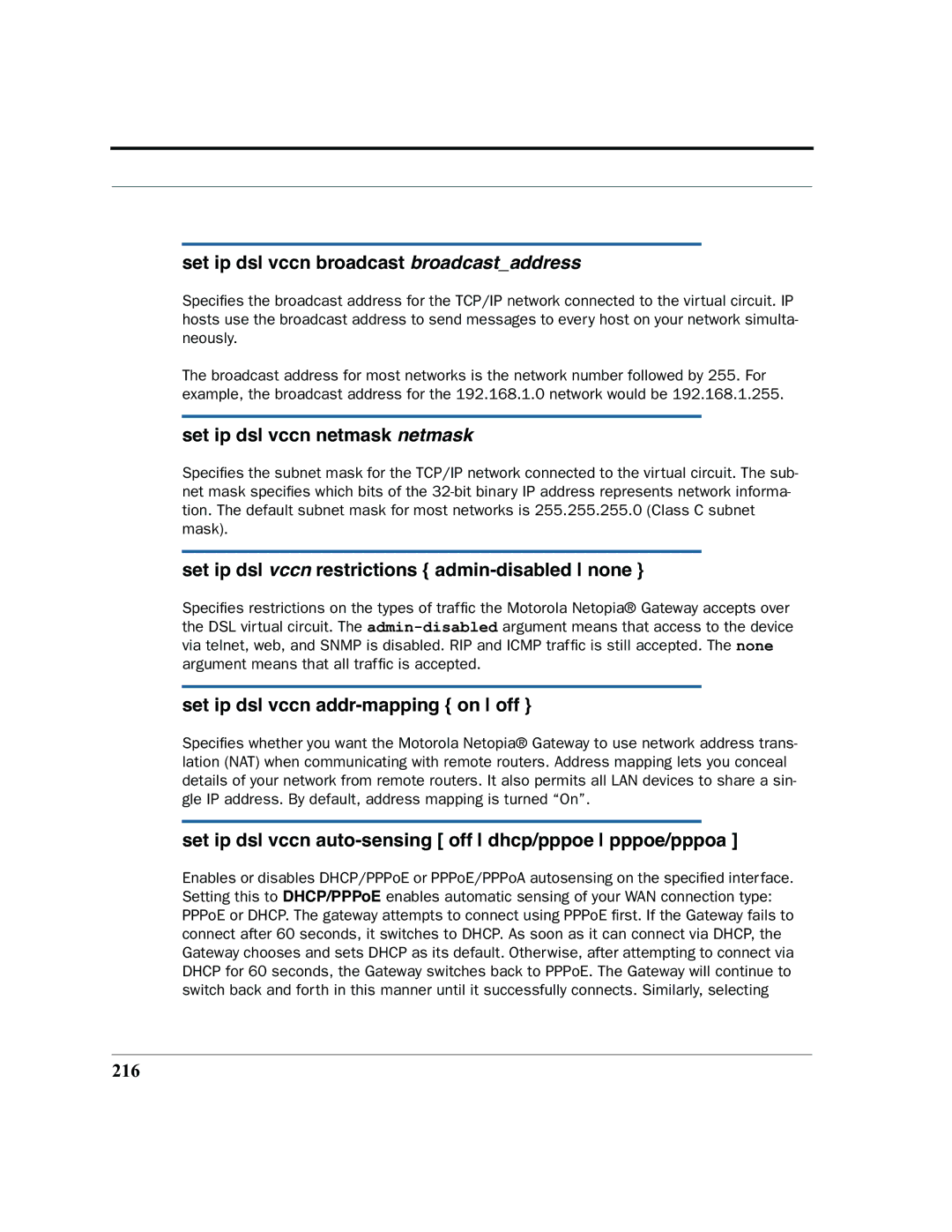 Motorola 7.7.4 manual Set ip dsl vccn broadcast broadcastaddress, Set ip dsl vccn netmask netmask 