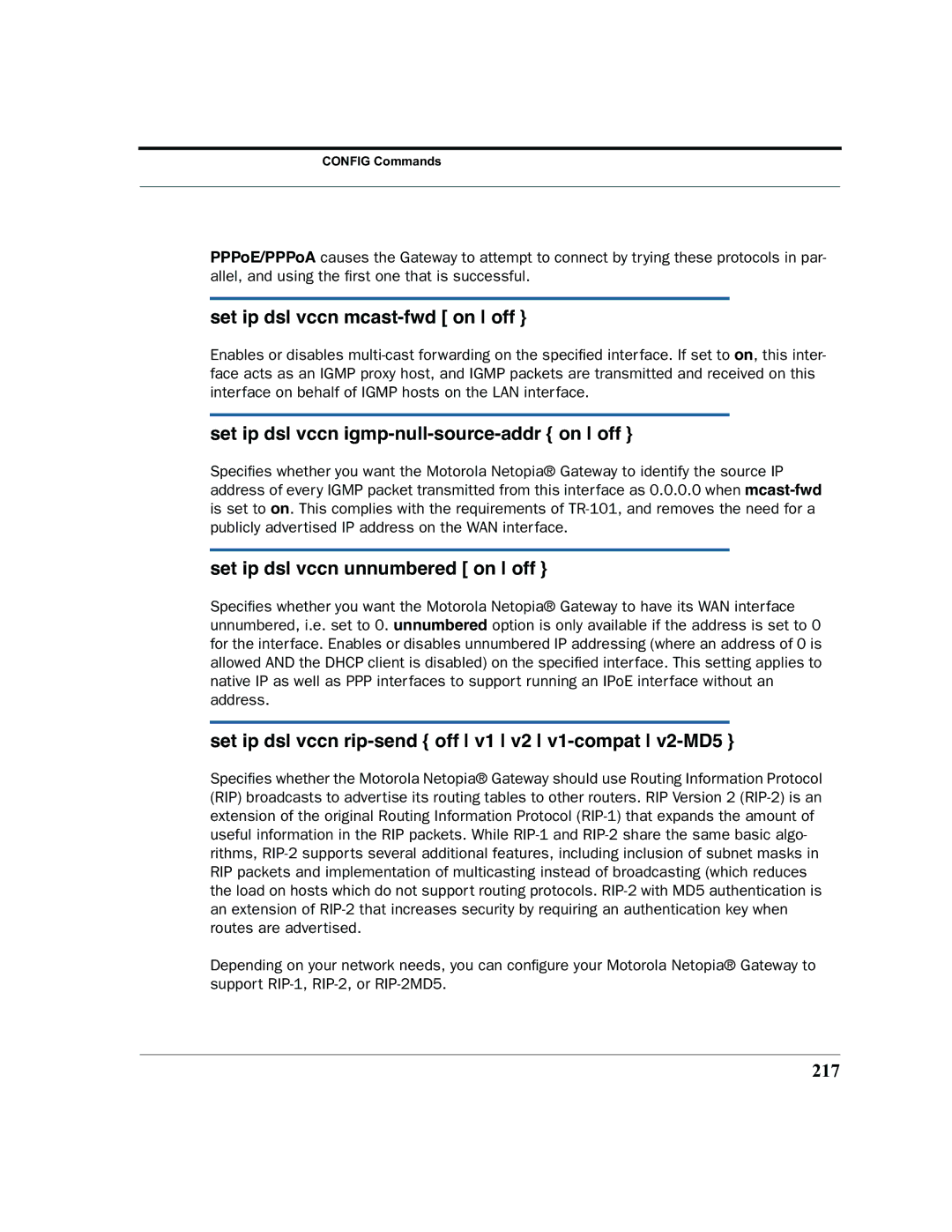 Motorola 7.7.4 manual Set ip dsl vccn mcast-fwd on off, Set ip dsl vccn igmp-null-source-addr on off, 217 