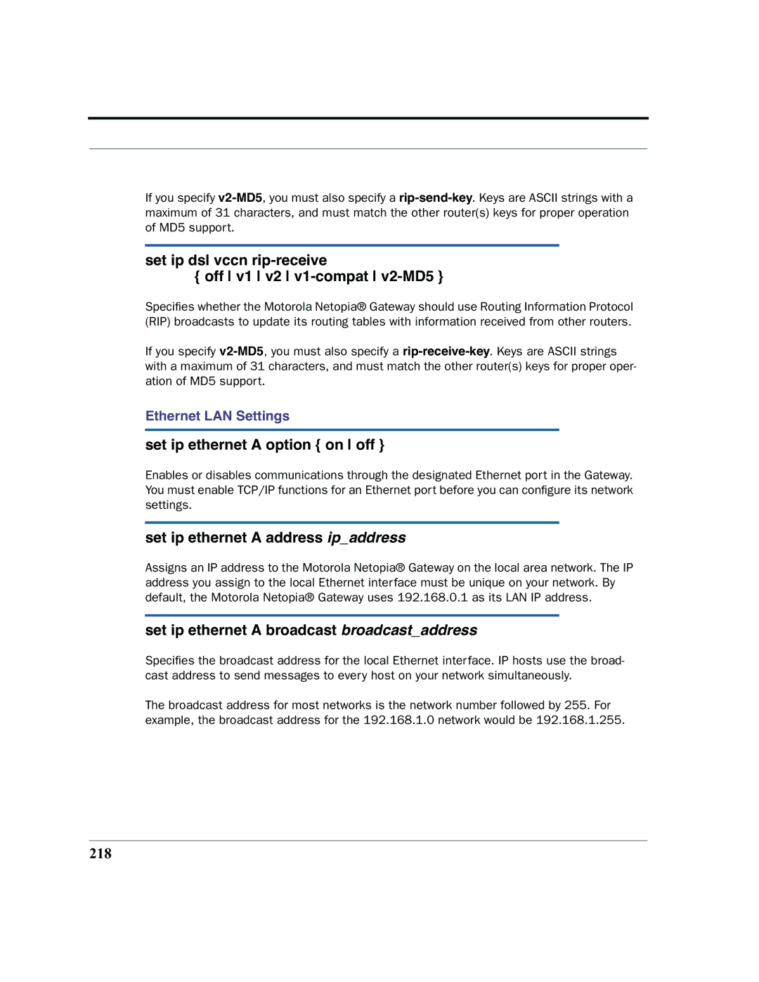 Motorola 7.7.4 manual Set ip dsl vccn rip-receive Off v1 v2 v1-compat v2-MD5, Set ip ethernet a option on off, 218 