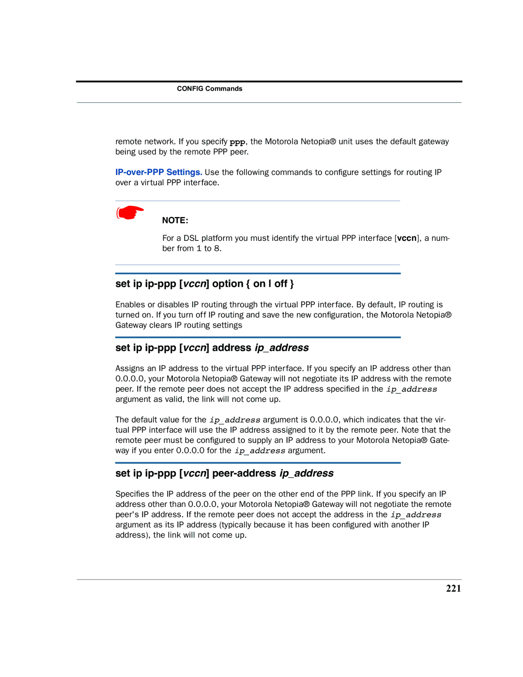 Motorola 7.7.4 manual Set ip ip-ppp vccn option on off, Set ip ip-ppp vccn address ipaddress, 221 