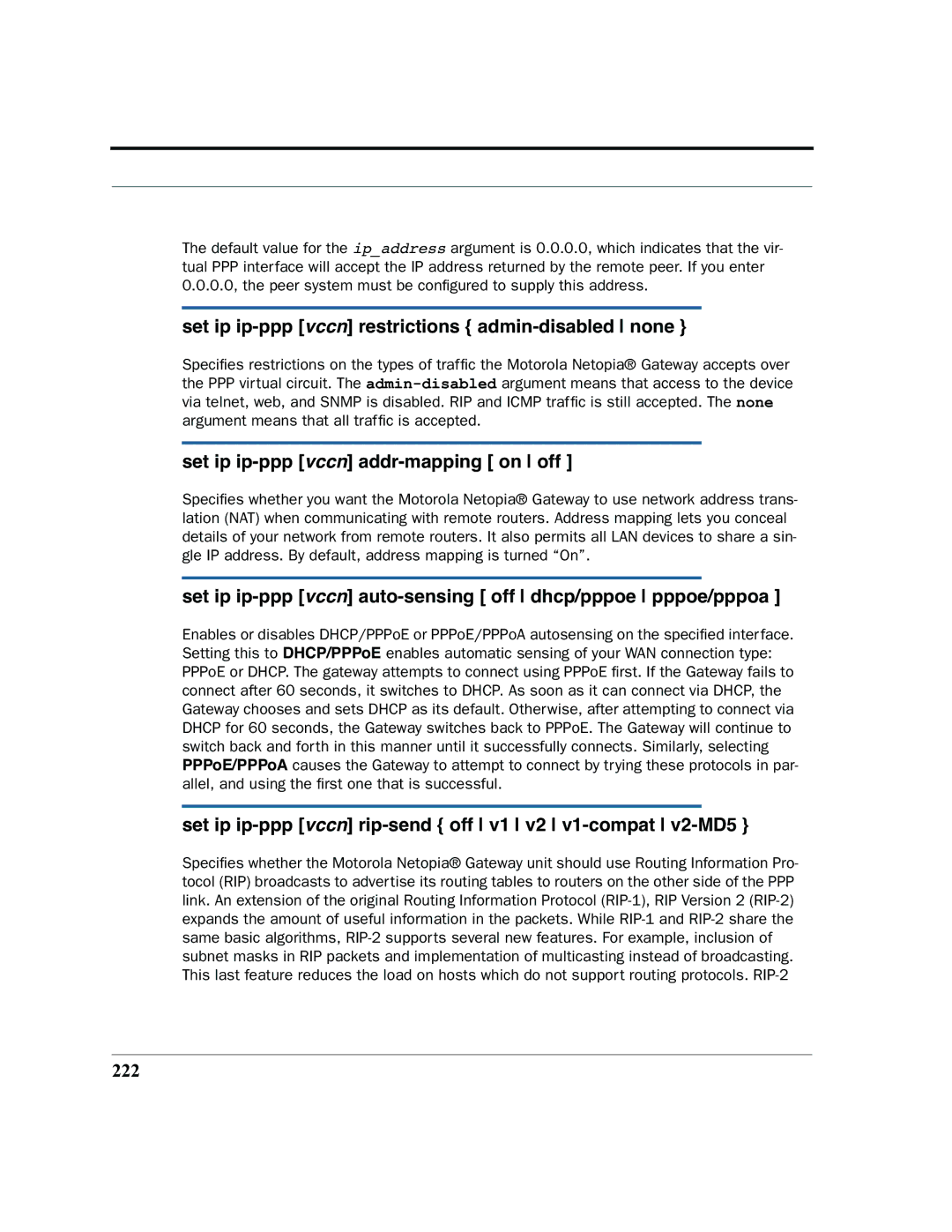 Motorola 7.7.4 manual Set ip ip-ppp vccn restrictions admin-disabled none, Set ip ip-ppp vccn addr-mapping on off, 222 