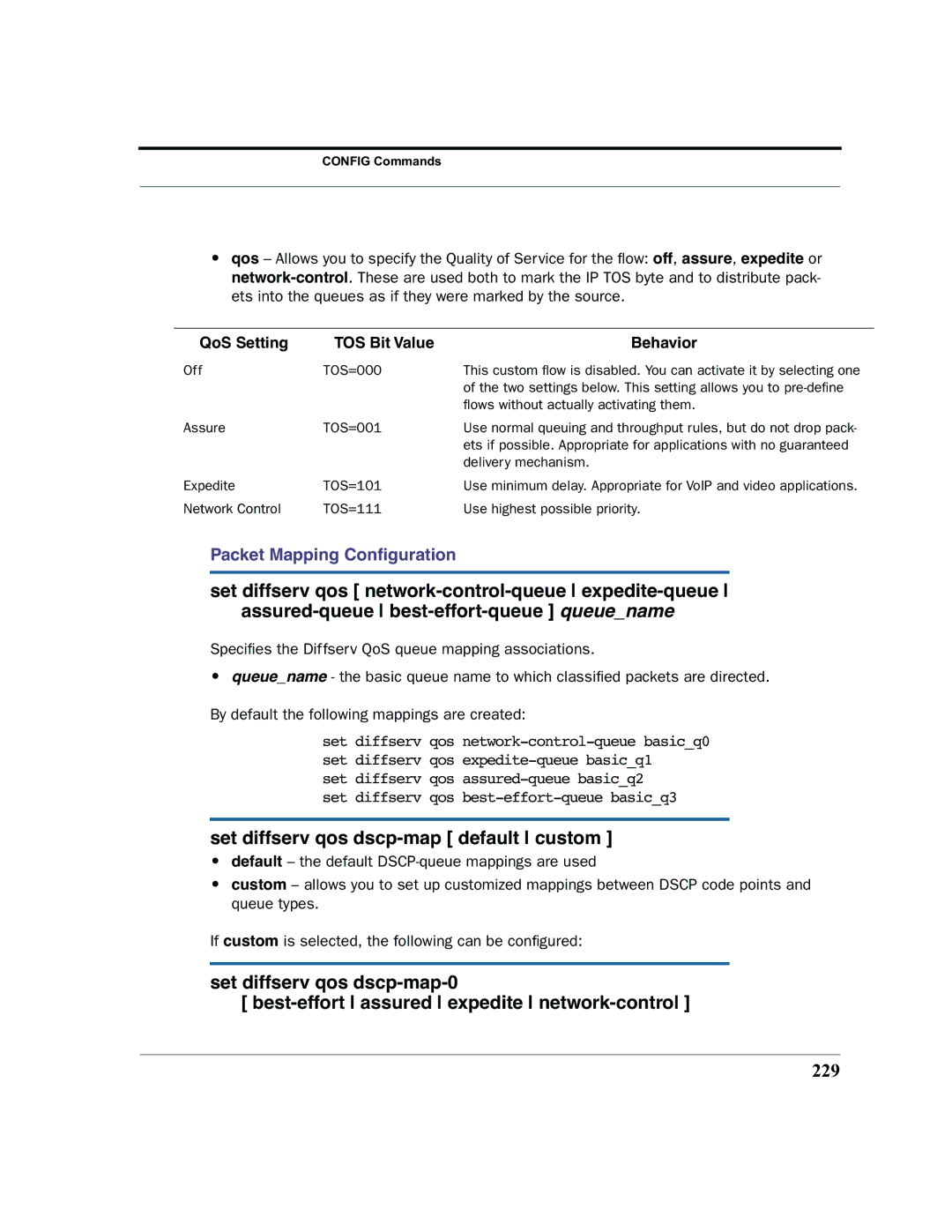 Motorola 7.7.4 manual Set diffserv qos dscp-map default custom, 229 