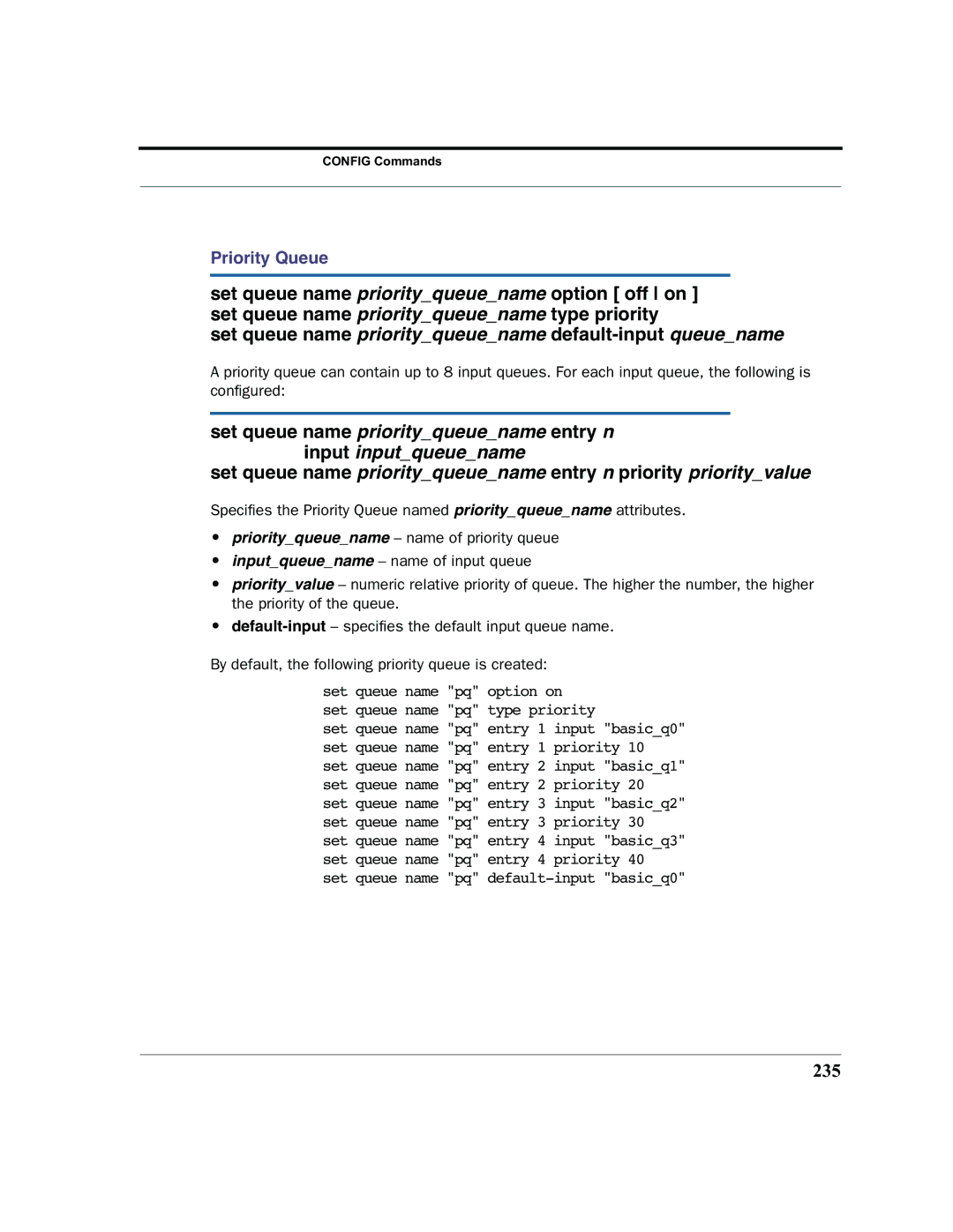 Motorola 7.7.4 manual Set queue name priorityqueuename default-inputqueuename, 235 