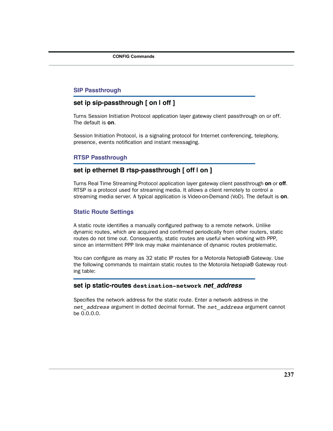 Motorola 7.7.4 manual Set ip sip-passthrough on off, Set ip ethernet B rtsp-passthrough off on, 237 