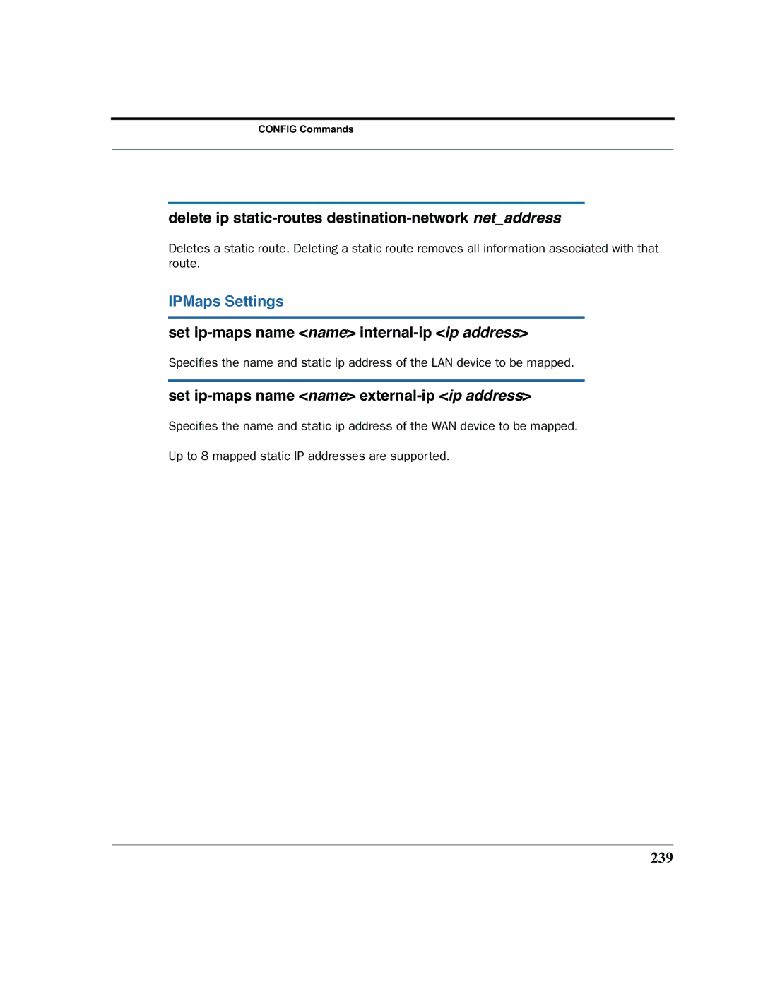 Motorola 7.7.4 manual Delete ip static-routes destination-network netaddress, IPMaps Settings, 239 