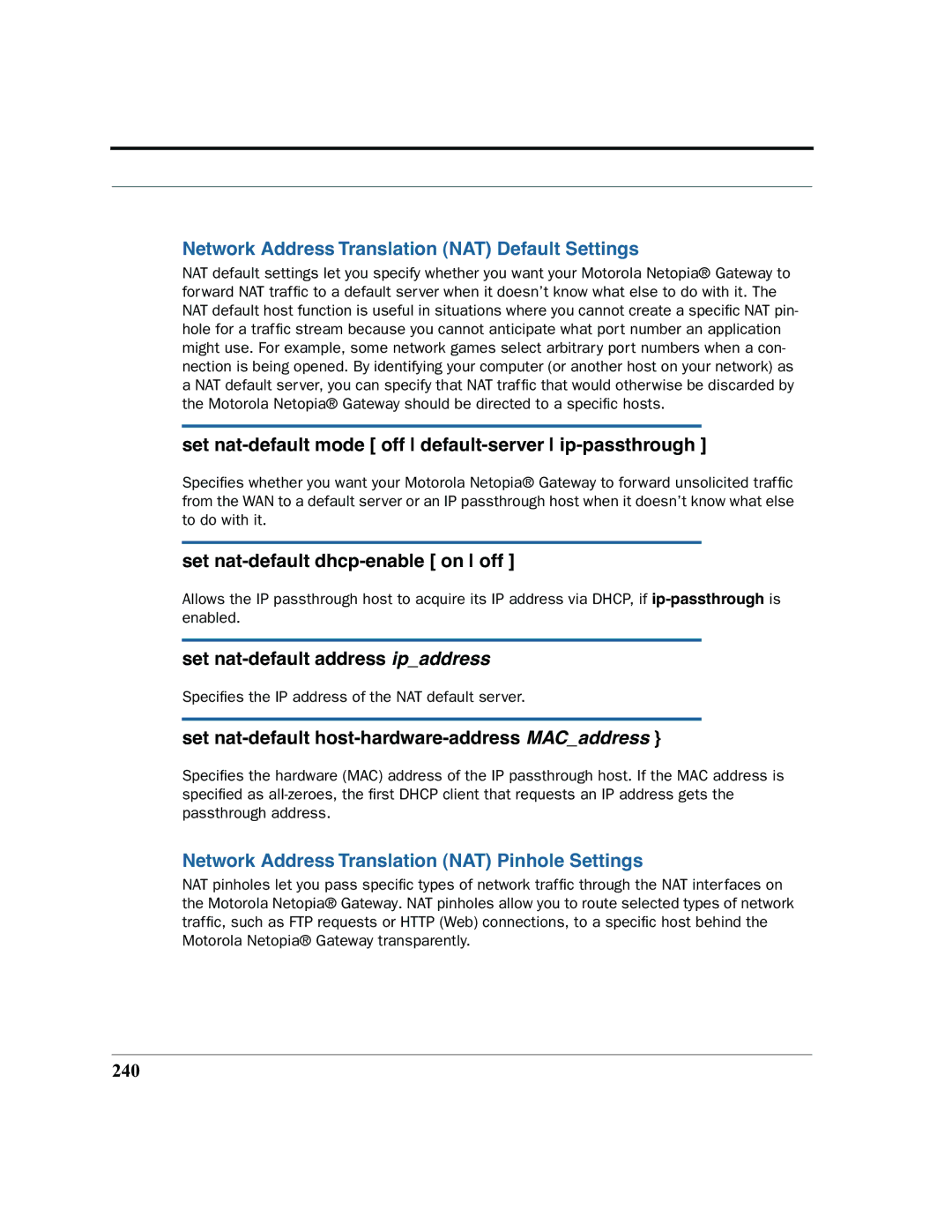 Motorola 7.7.4 manual Network Address Translation NAT Default Settings, Network Address Translation NAT Pinhole Settings 