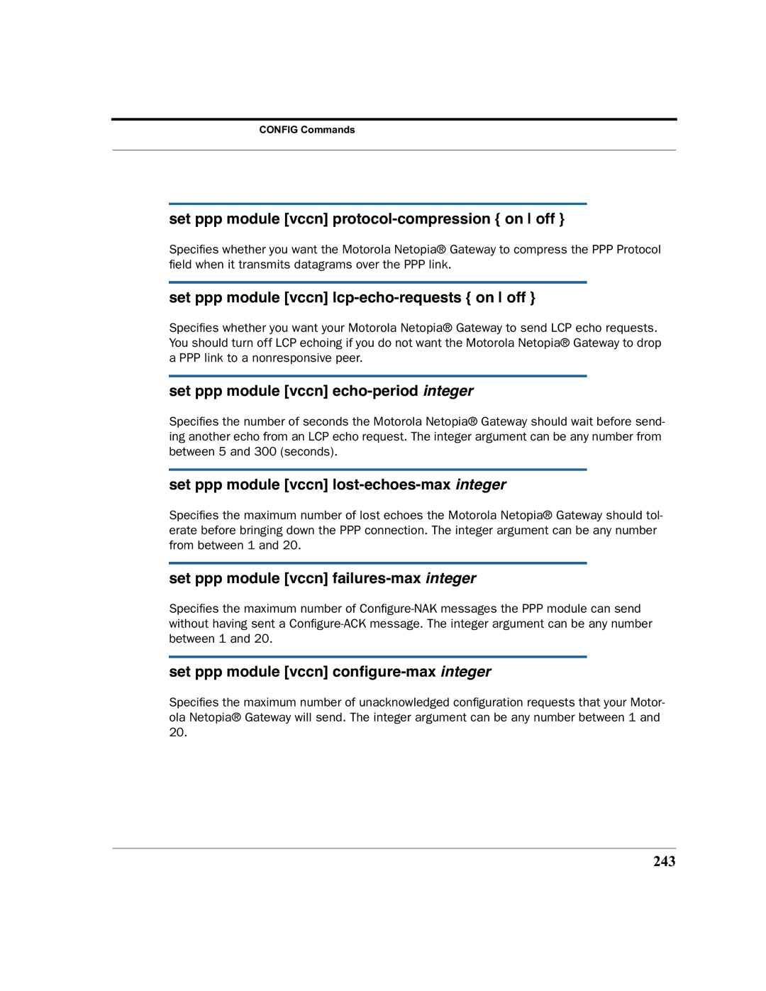 Motorola 7.7.4 manual Set ppp module vccn protocol-compression on off, Set ppp module vccn lcp-echo-requests on off 