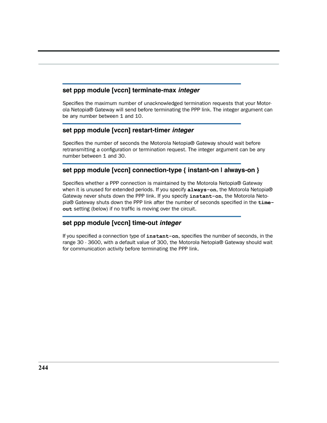 Motorola 7.7.4 manual Set ppp module vccn terminate-max integer, Set ppp module vccn restart-timer integer, 244 